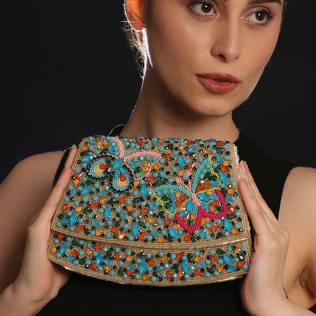 Elara Beige Handbag With Beaded Butterfly Motif 