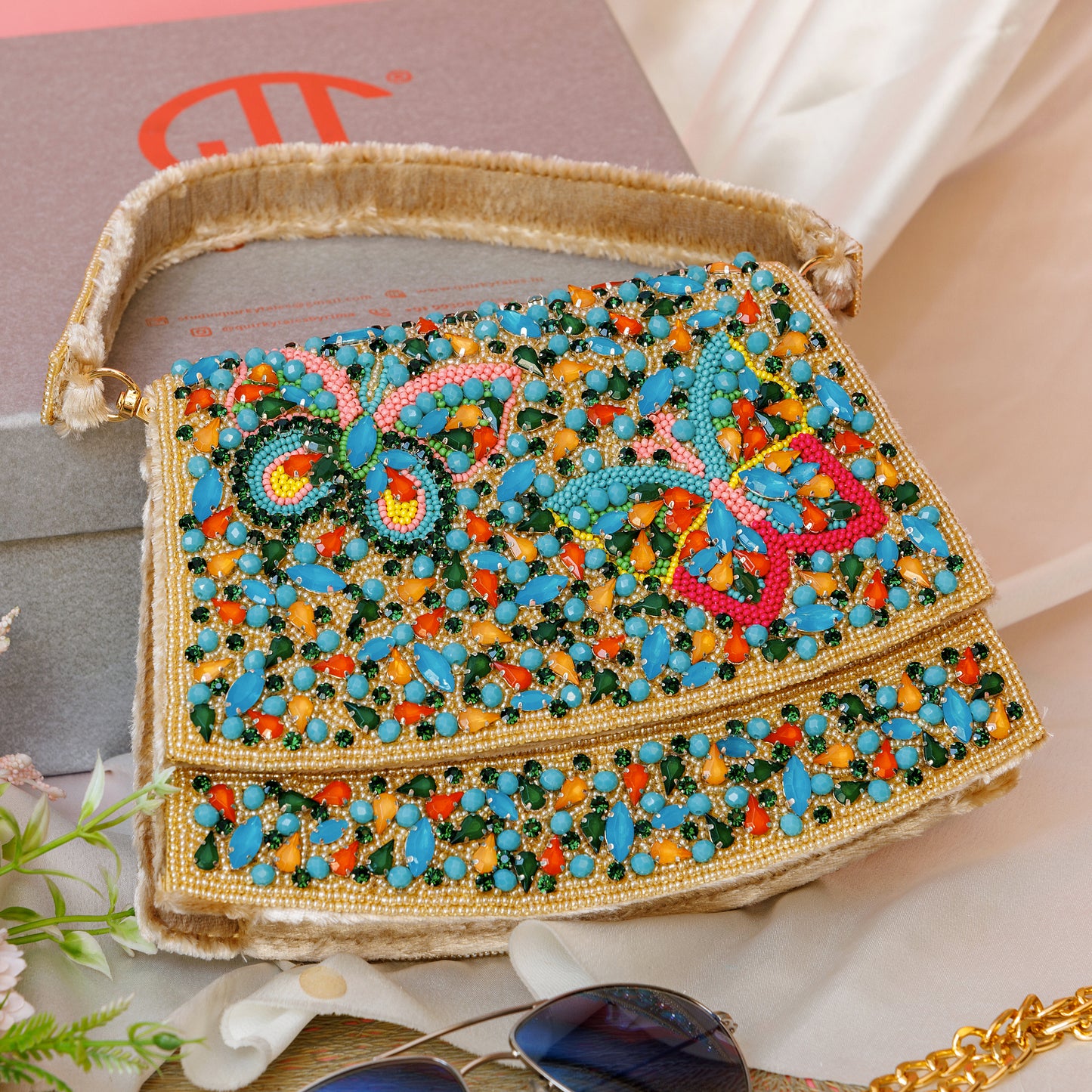 Elara Beige Handbag With Beaded Butterfly Motif 