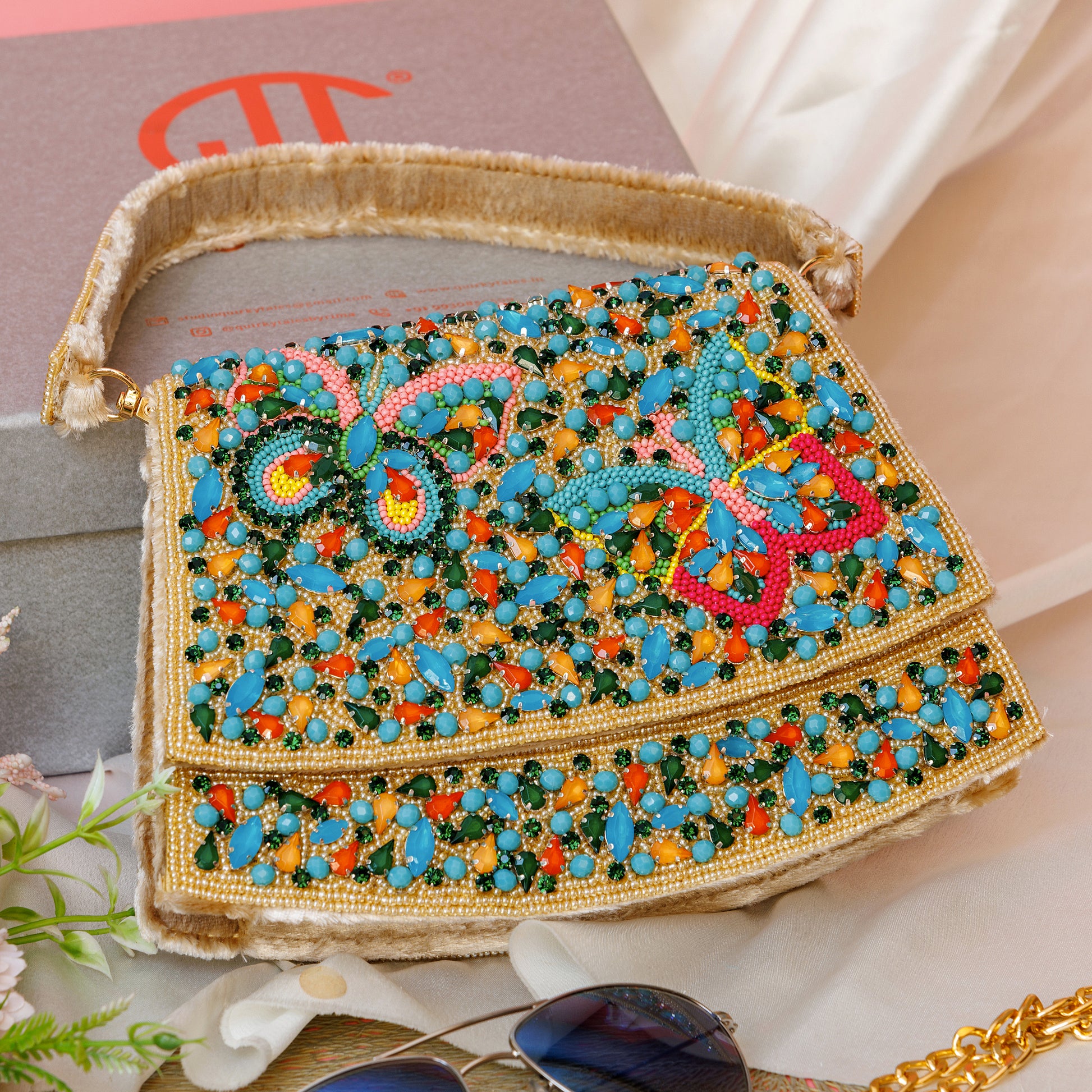 Elara Beige Handbag With Beaded Butterfly Motif 