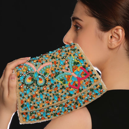 Elara Beige Handbag With Beaded Butterfly Motif 