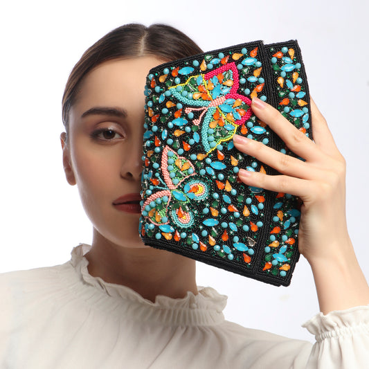 Elara Black Handbag With Beaded Butterfly Motif