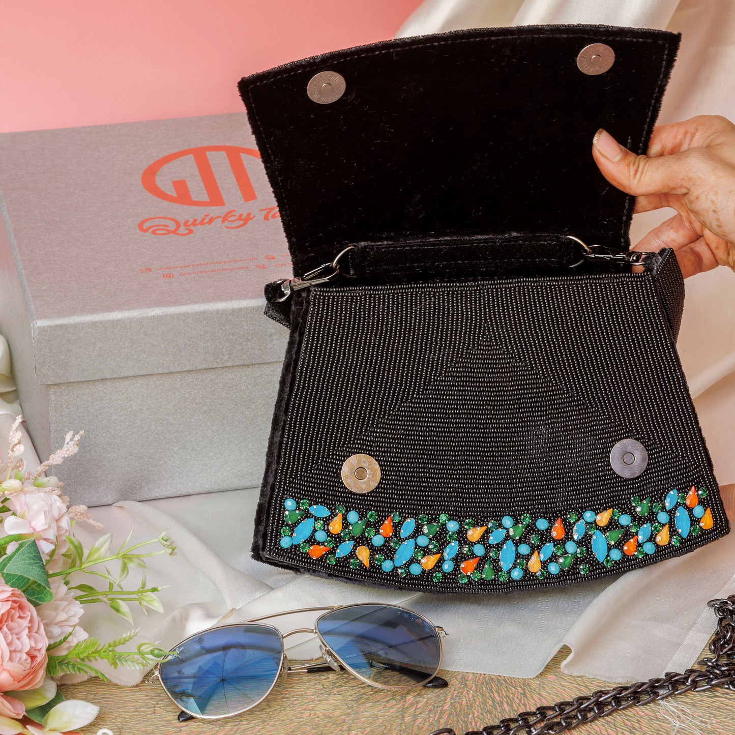 Elara Black Handbag With Beaded Butterfly Motif