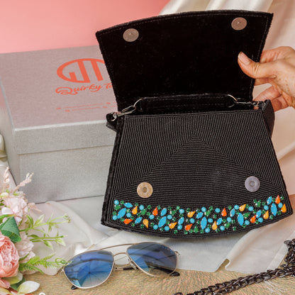 Elara Black Handbag With Beaded Butterfly Motif