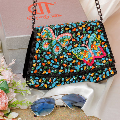Elara Black Handbag With Beaded Butterfly Motif