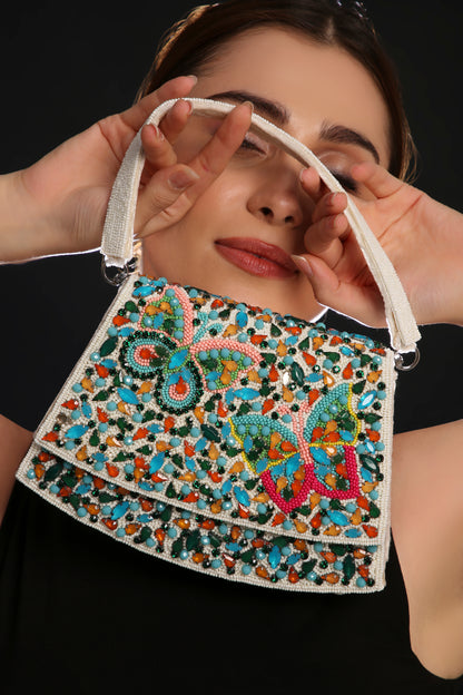 Elara White Handbag With Beaded Butterfly Motif