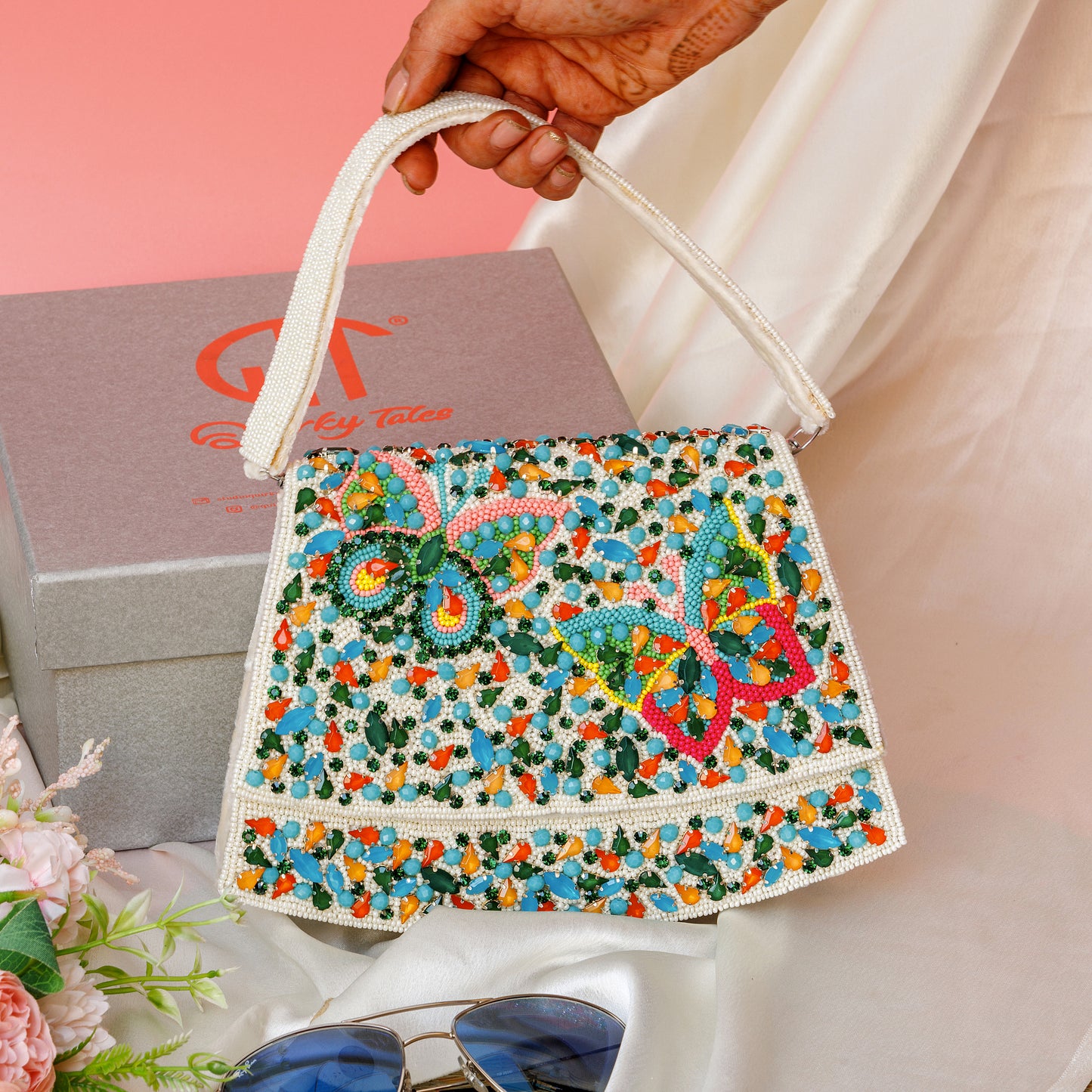 Elara White Handbag With Beaded Butterfly Motif