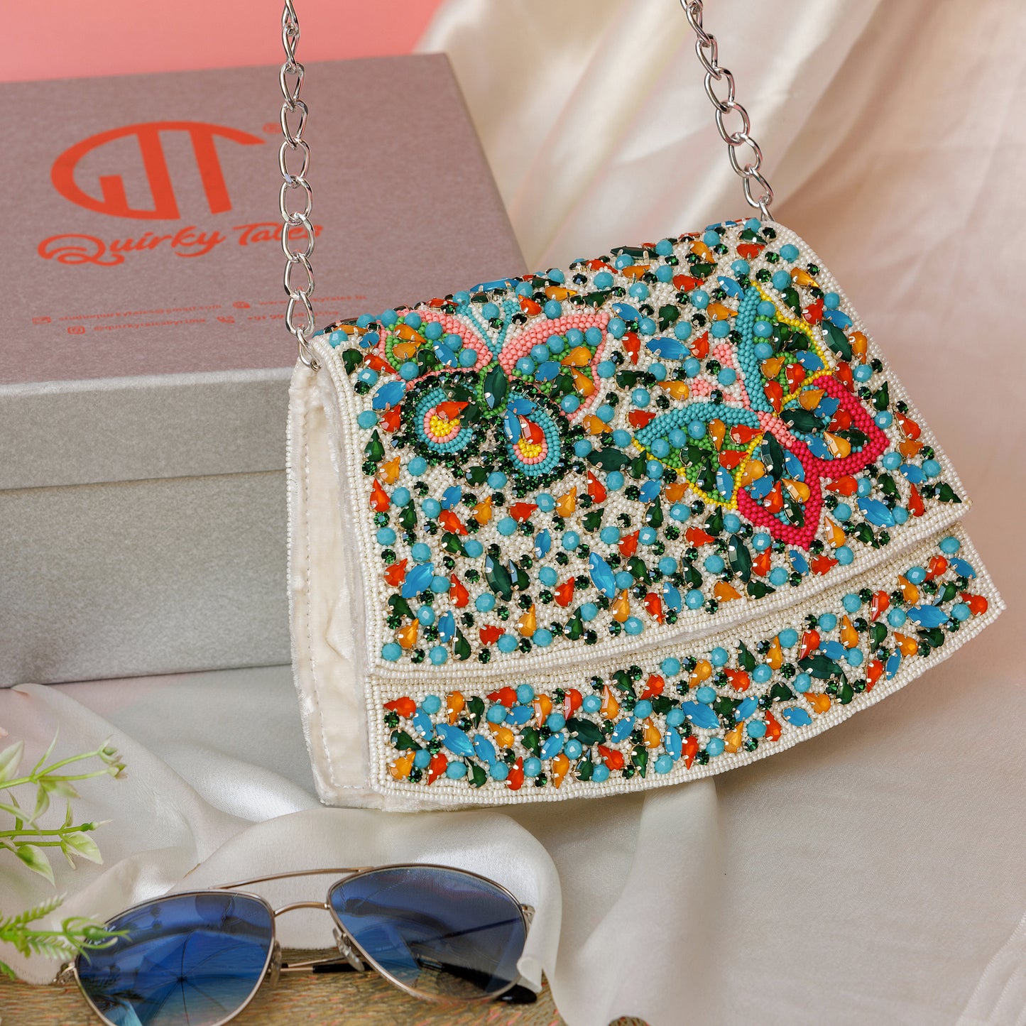 Elara White Handbag With Beaded Butterfly Motif