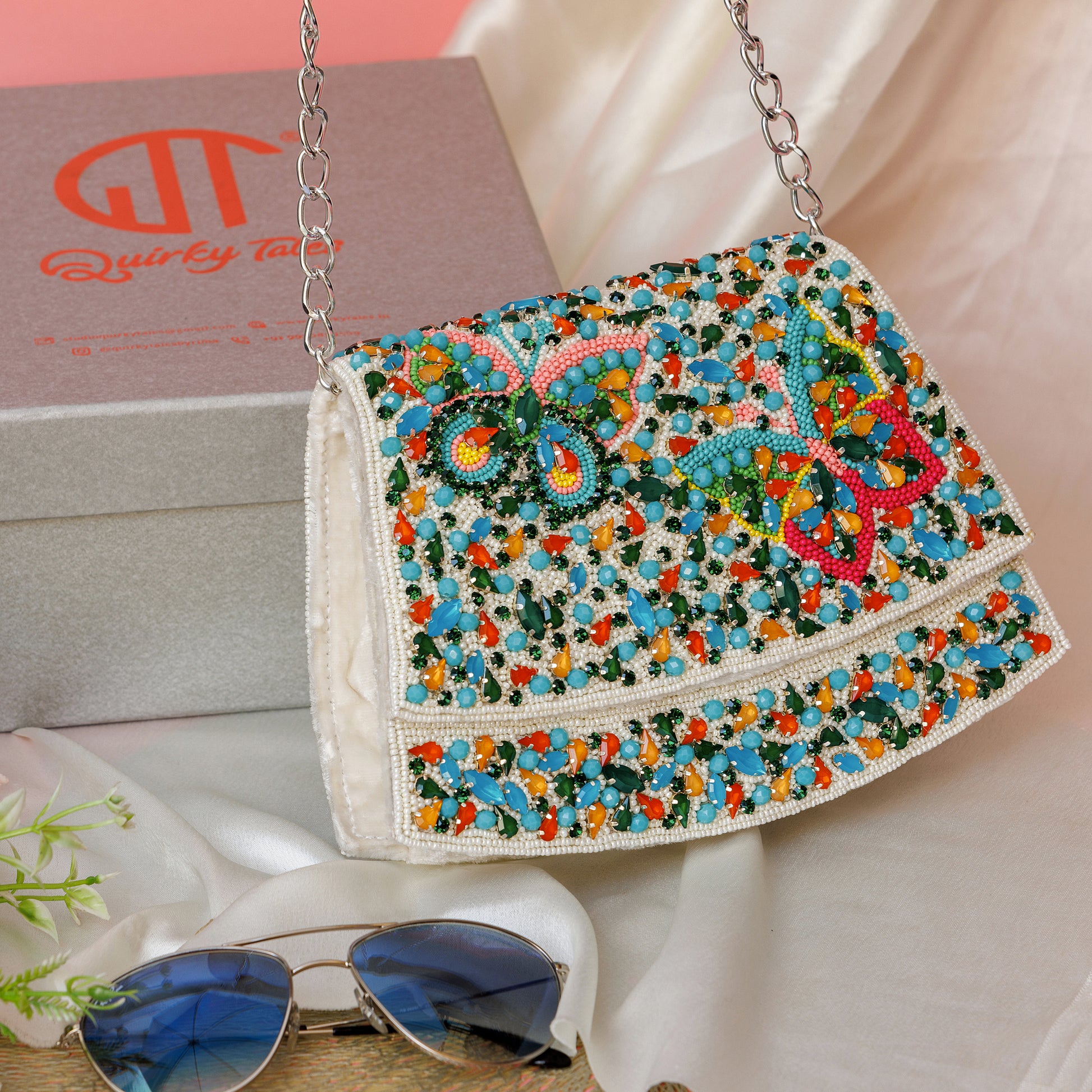 Elara White Handbag With Beaded Butterfly Motif
