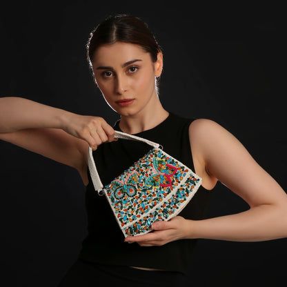 Elara White Handbag With Beaded Butterfly Motif