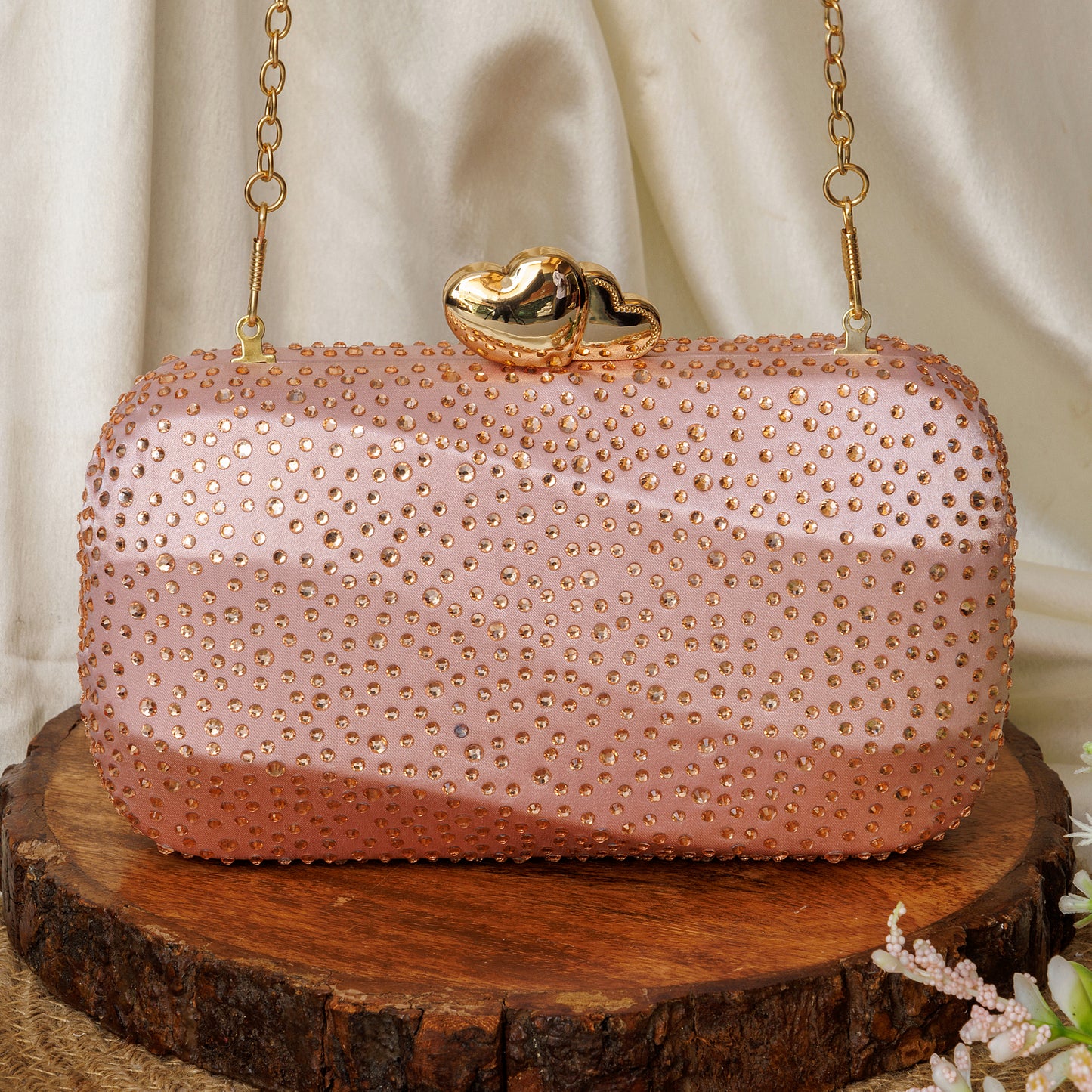 Esabelle Satin Pink Capsule Clutch With Detachable Golden Chain