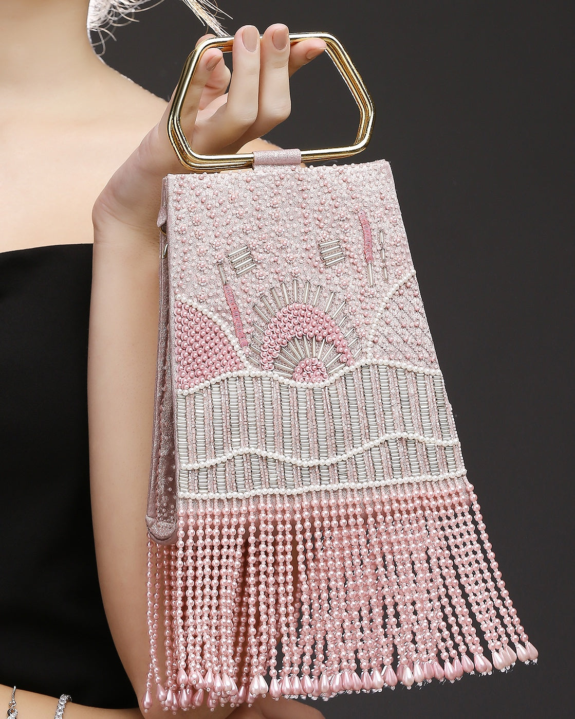 Pearl Embroidered Pink Trapeze Handle Handbag