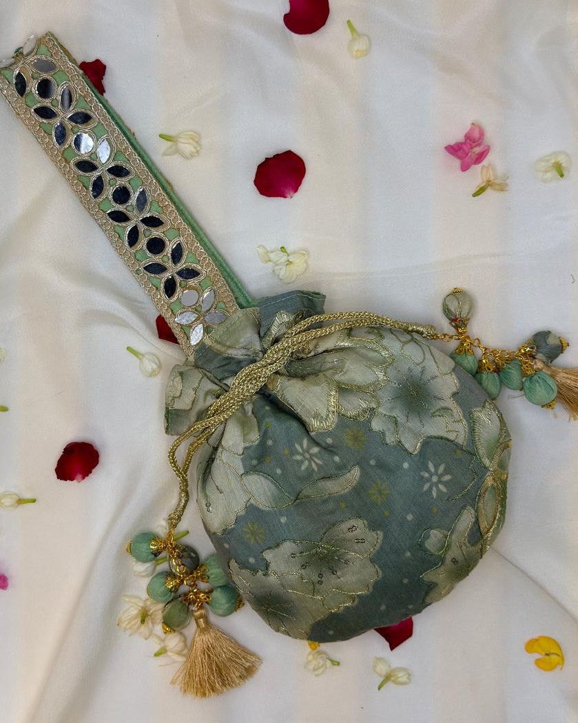 Green Floral Mirror Work Strap Potli