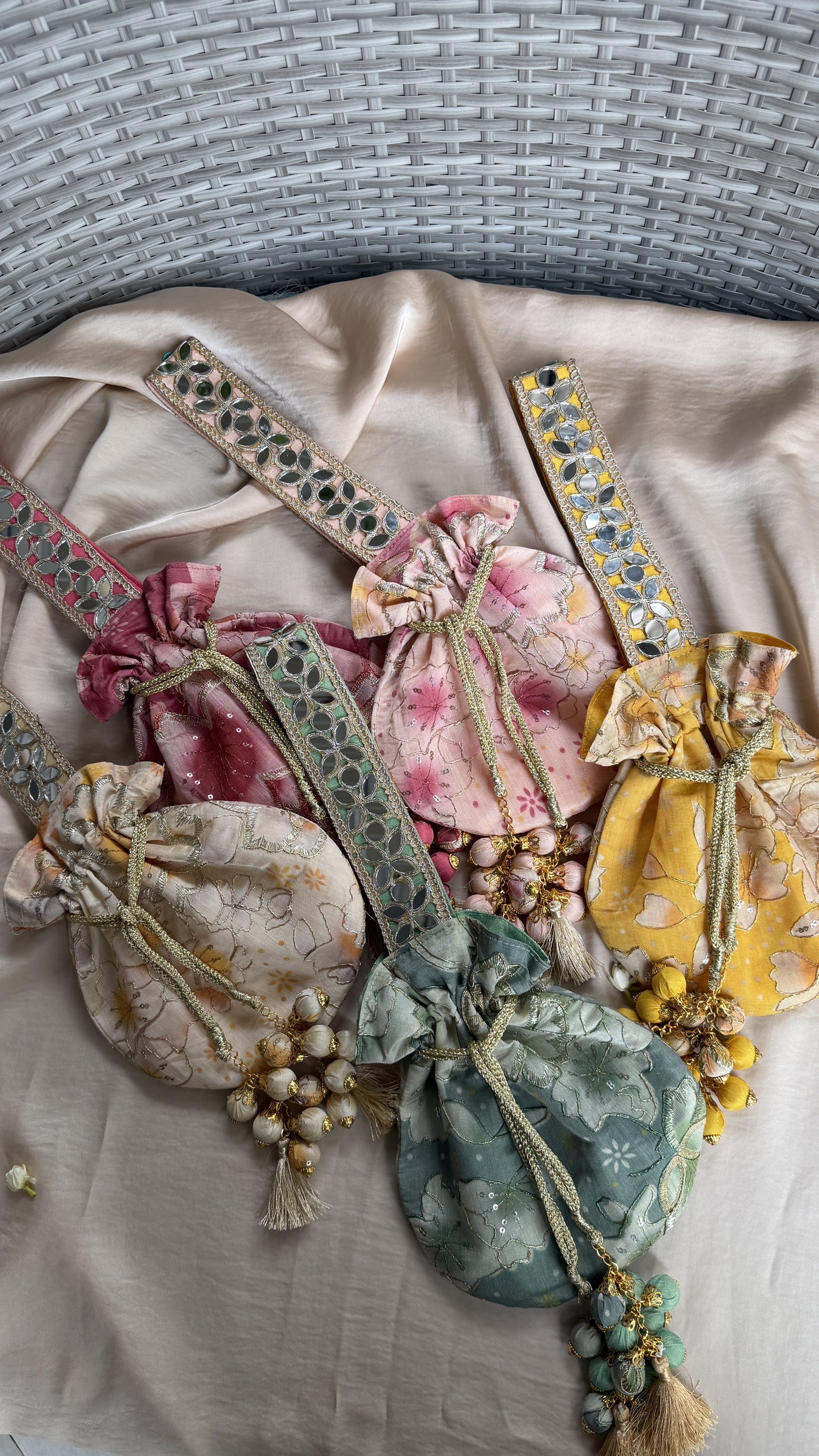 Floral Mirror Work Strap Potli Set Of 5