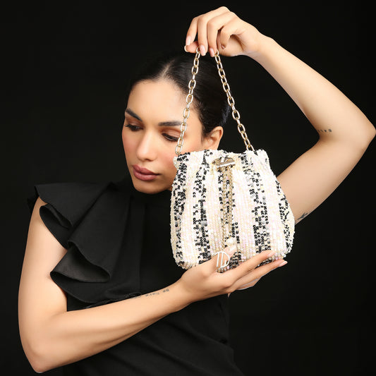 Glittoria Black White Sequin Bucket Bag