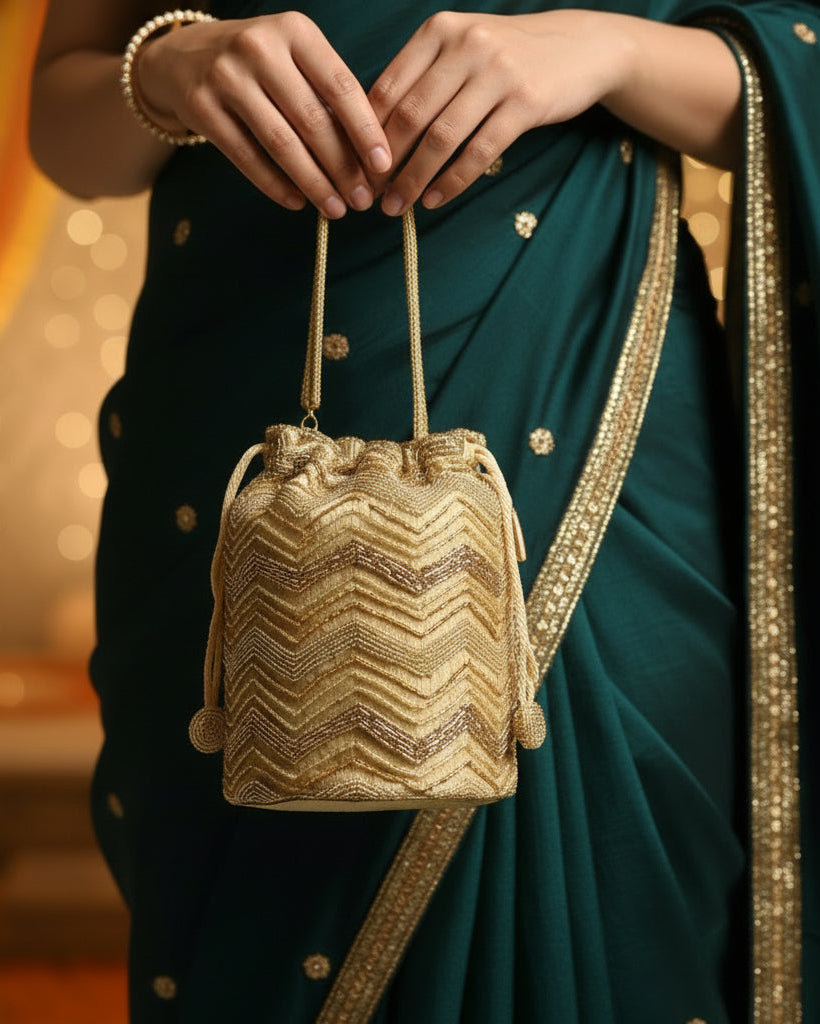 Gold Zardozi Bucket Potli