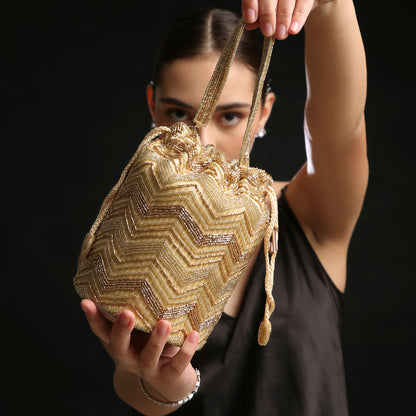 Gold Zigzag Print Bucket Potli