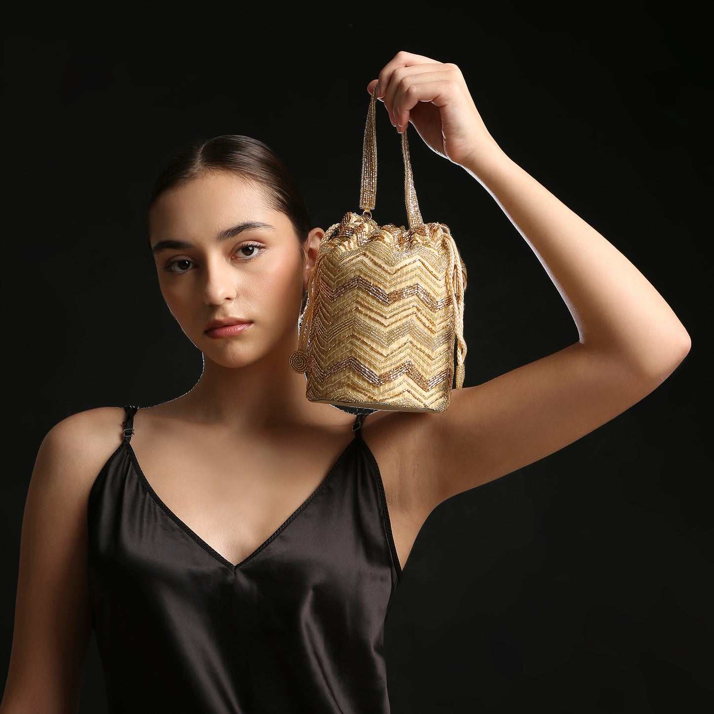 Gold Zigzag Print Bucket Potli