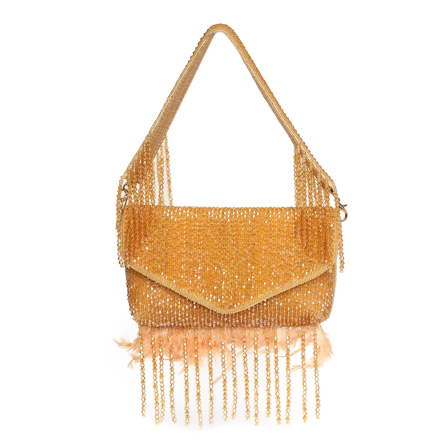 Gold beaded handbag with fringe on a white background
