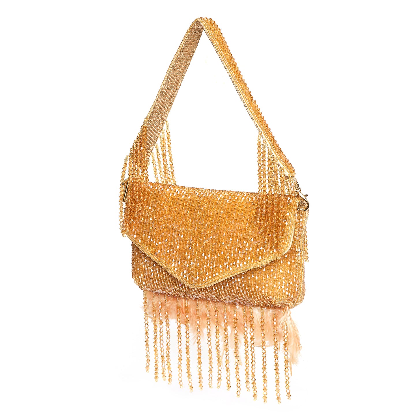 Gold beaded handbag with fringe on a white background