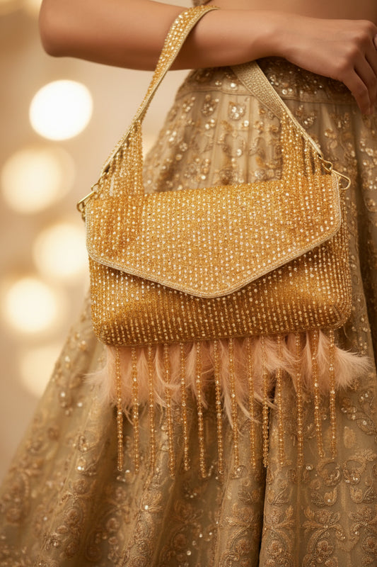 Gold beaded handbag with fringe on a white background