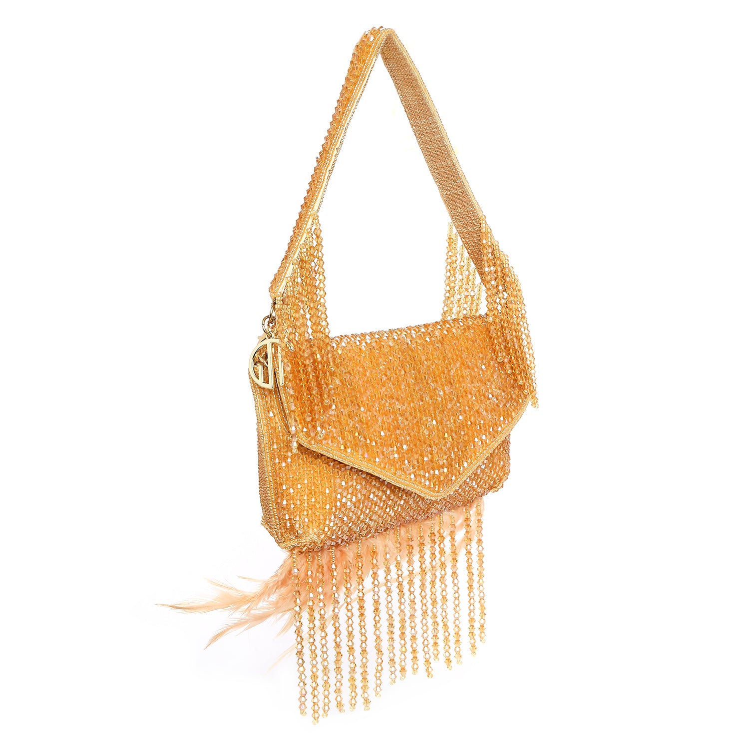 Yellow beaded handbag with fringe on a white background