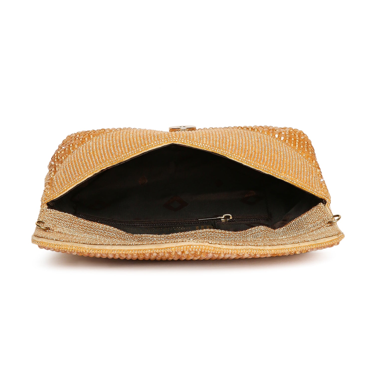 Beige clutch bag with black interior on a white background