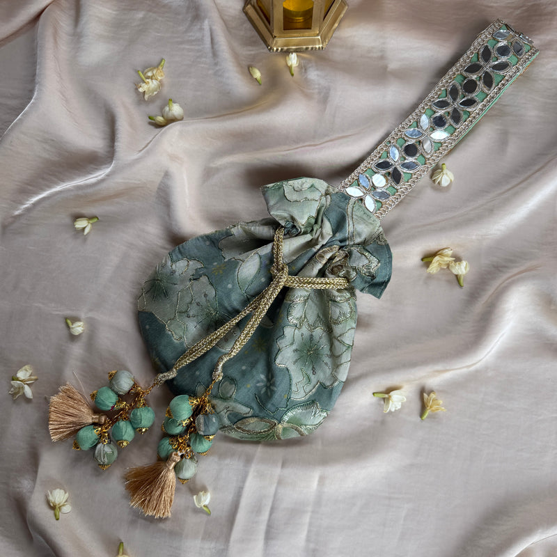 Green Floral Mirror Work Strap Potli