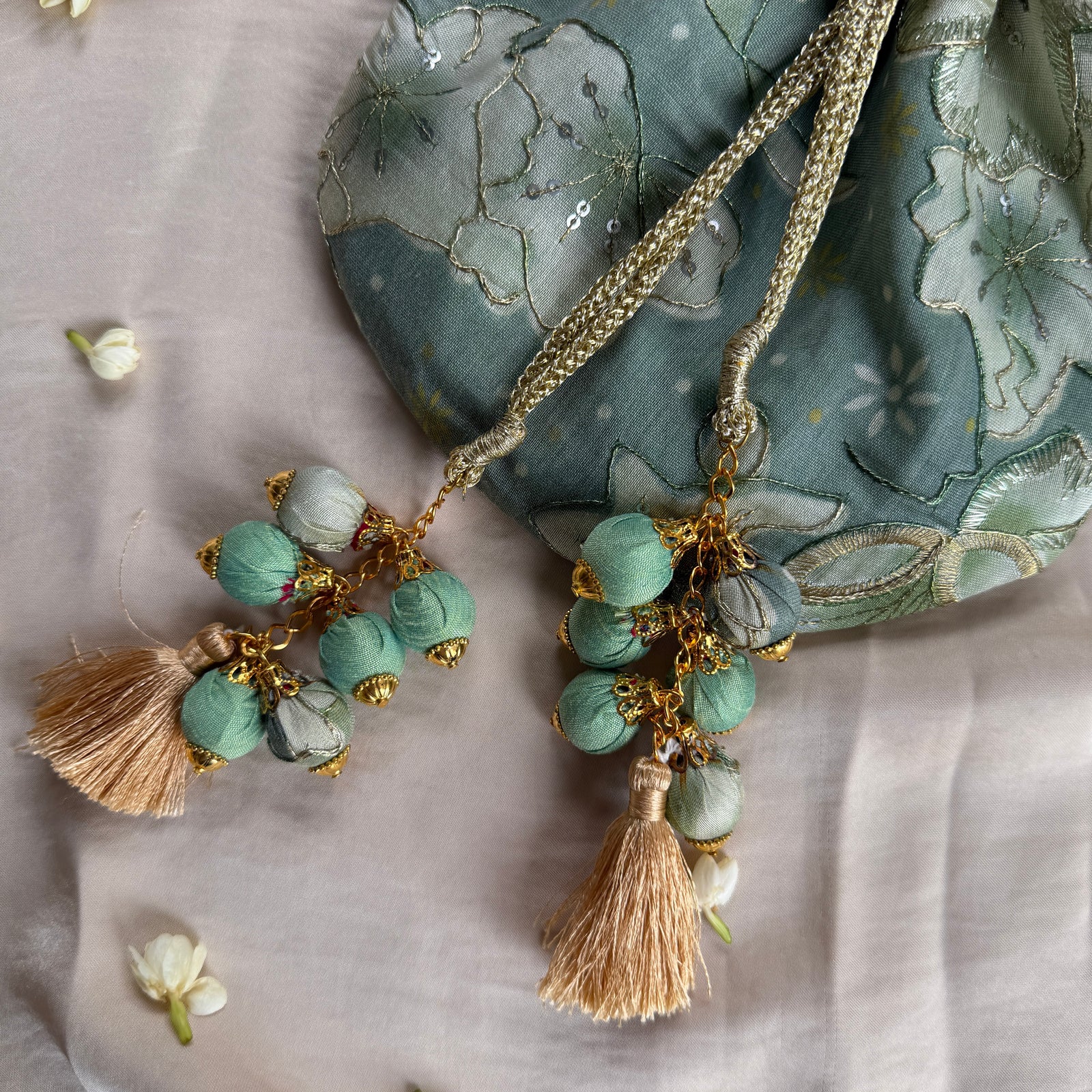 Green Floral Mirror Work Strap Potli 