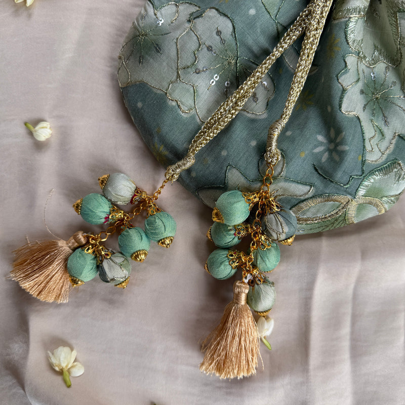 Green Floral Mirror Work Strap Potli