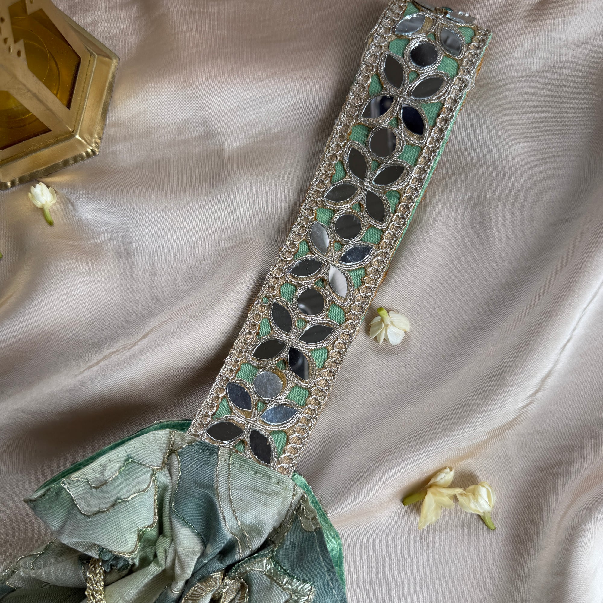 Green Floral Mirror Work Strap Potli 