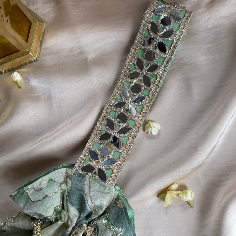Green Floral Mirror Work Strap Potli