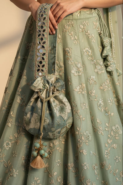 Green Floral Mirror Work Strap Potli