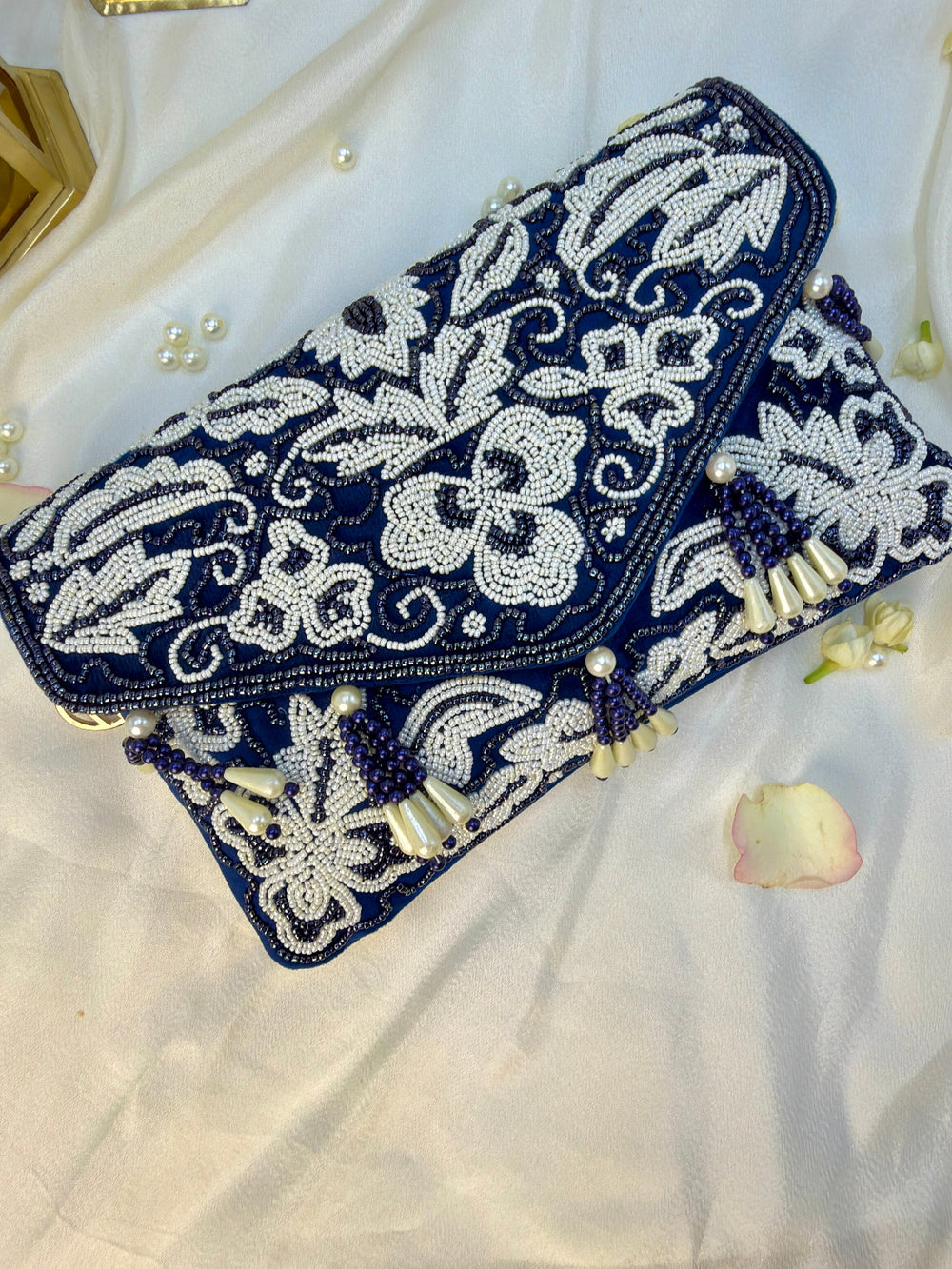 Beaded Tassel Blue Clutch
