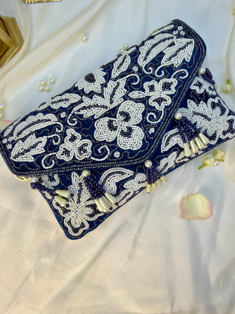 Beaded Tassel Blue Clutch