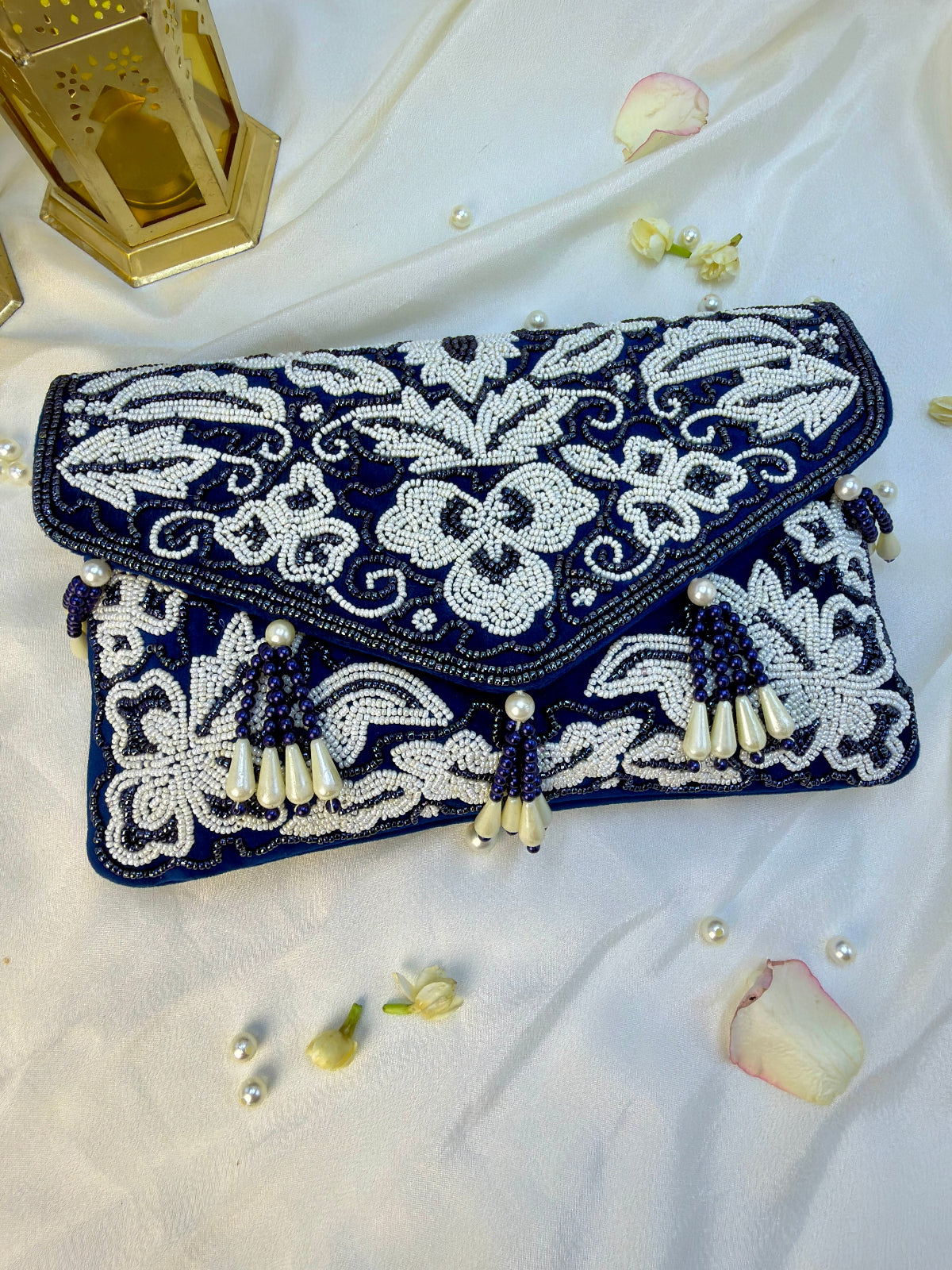 Beaded Tassel Blue Clutch