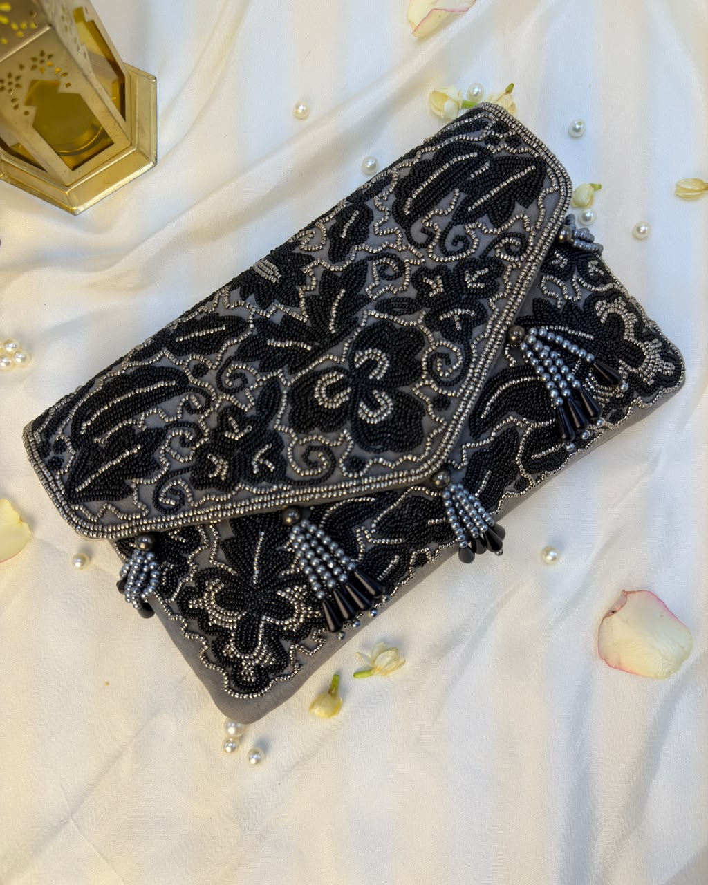 Beaded Tassel Grey Clutch