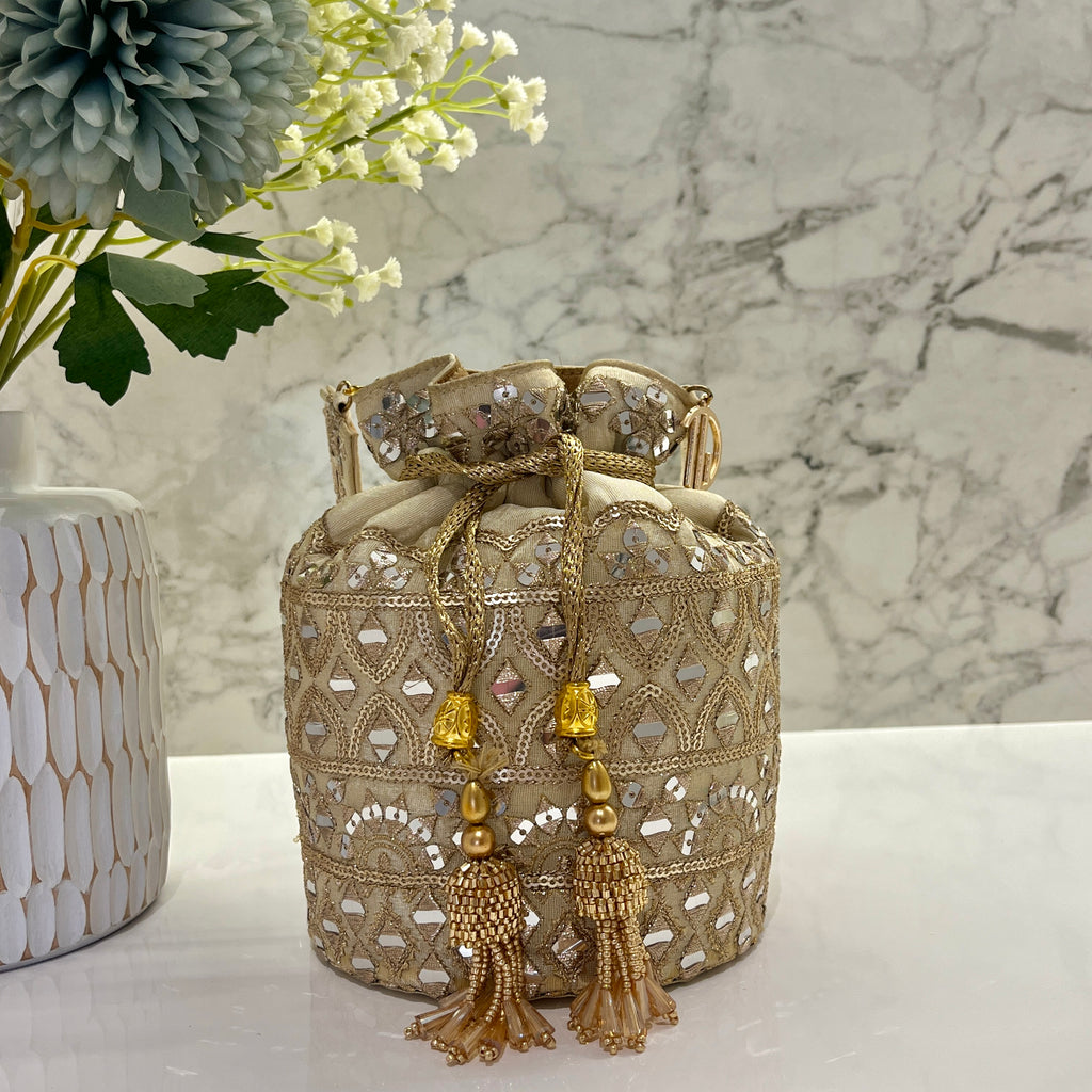 Beige Mirror work Bucket Potli