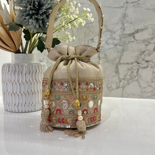 Beige Multi Colour Bucket Potli