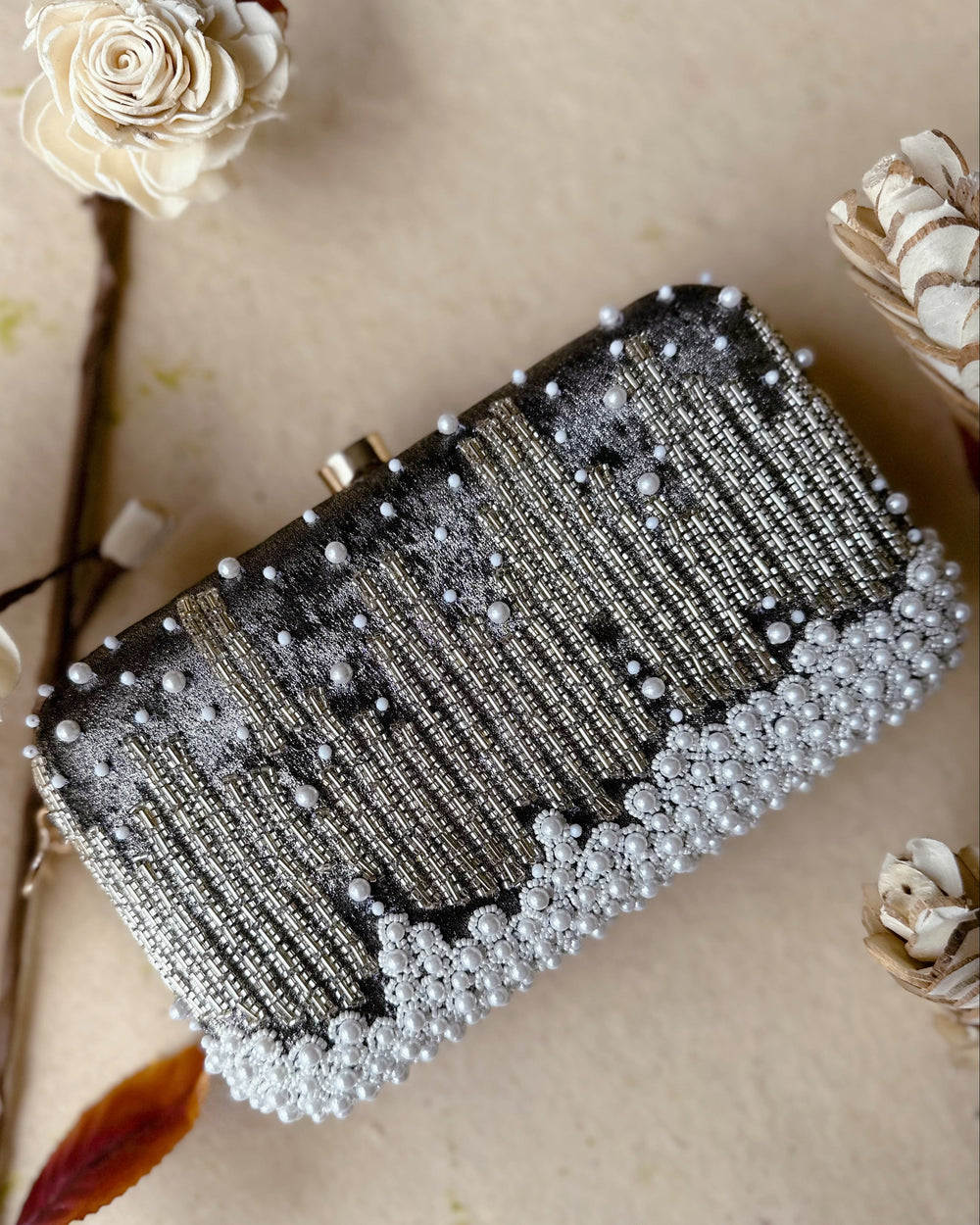 Grace Embellished Grey Clutch bag