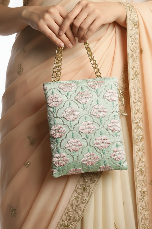 Lotus Pichwai Green Golden Chain Handbag