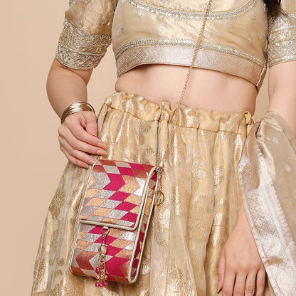 mobile sling bag for wedding in banarsi Ikhat Pink colour