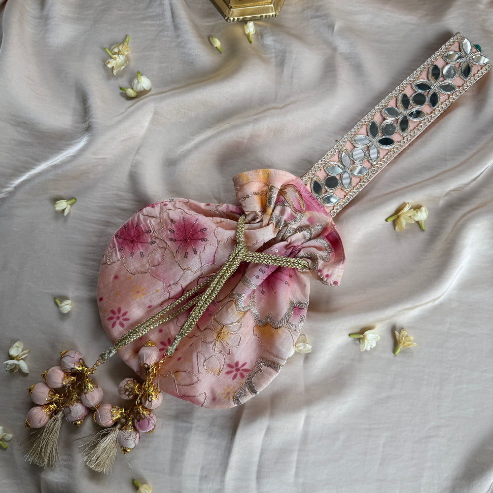 Peach Floral Mirror Work Strap Potli