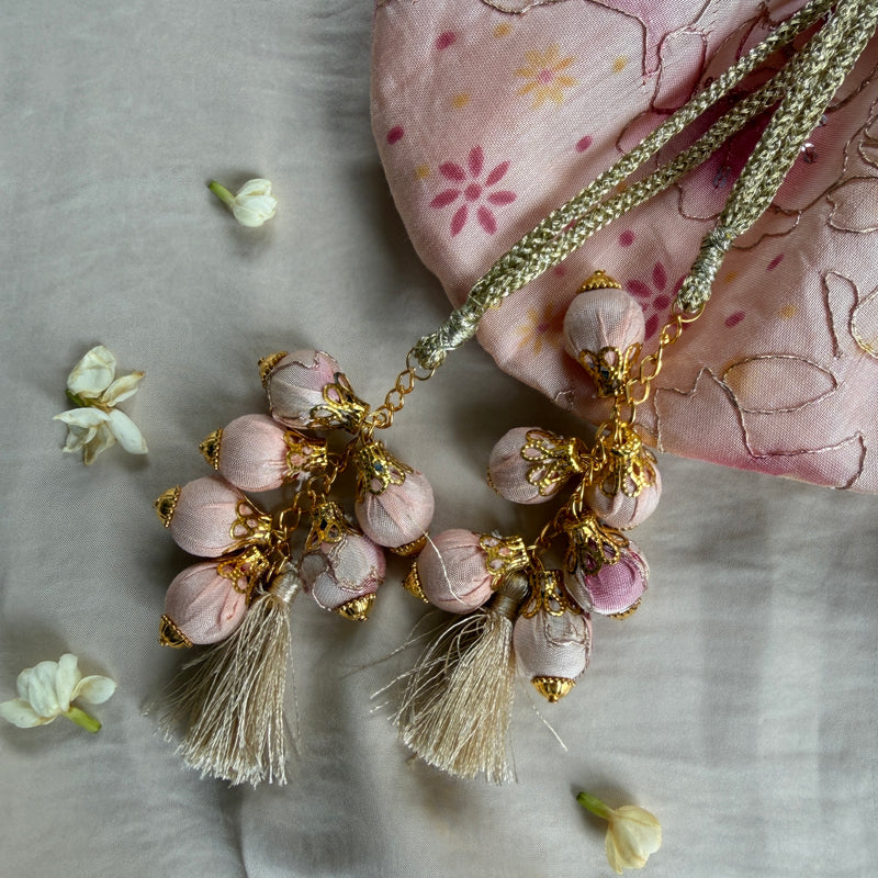 Peach Floral Mirror Work Strap Potli