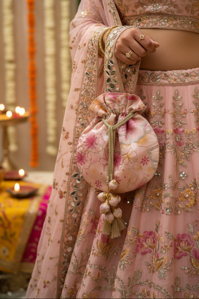 Multi Colour Floral Mirror Work Strap Potli