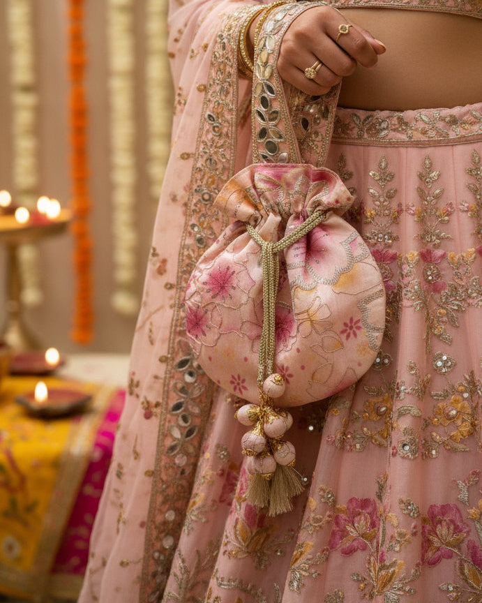 Peach Floral Mirror Work Strap Potli