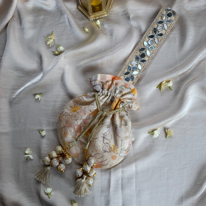 Beige Floral Mirror Work Strap Potli