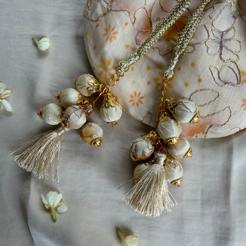 Beige Floral Mirror Work Strap Potli