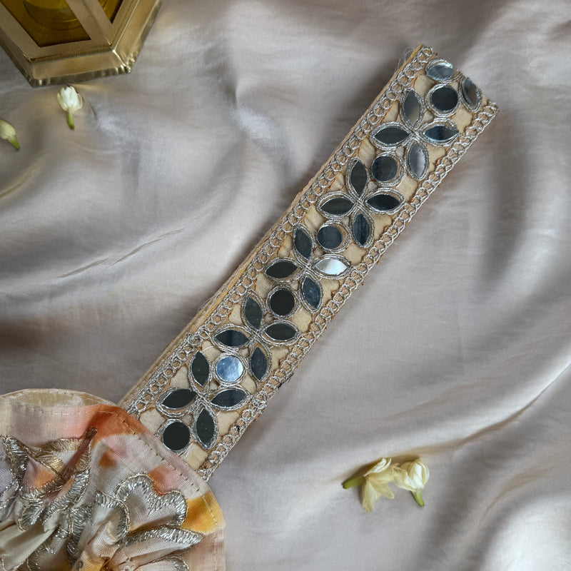 Beige Floral Mirror Work Strap Potli