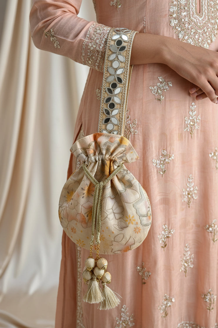 Off-White Floral Mirror Work Strap Potli