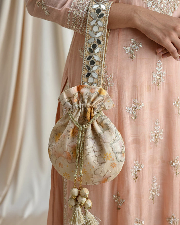 Beige Floral Mirror Work Strap Potli